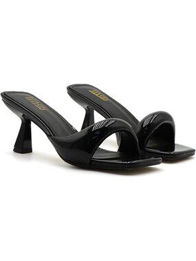 Women's Black One Strap Square Open Toe Sexy Stylish Kitten Heel Slide Sandals